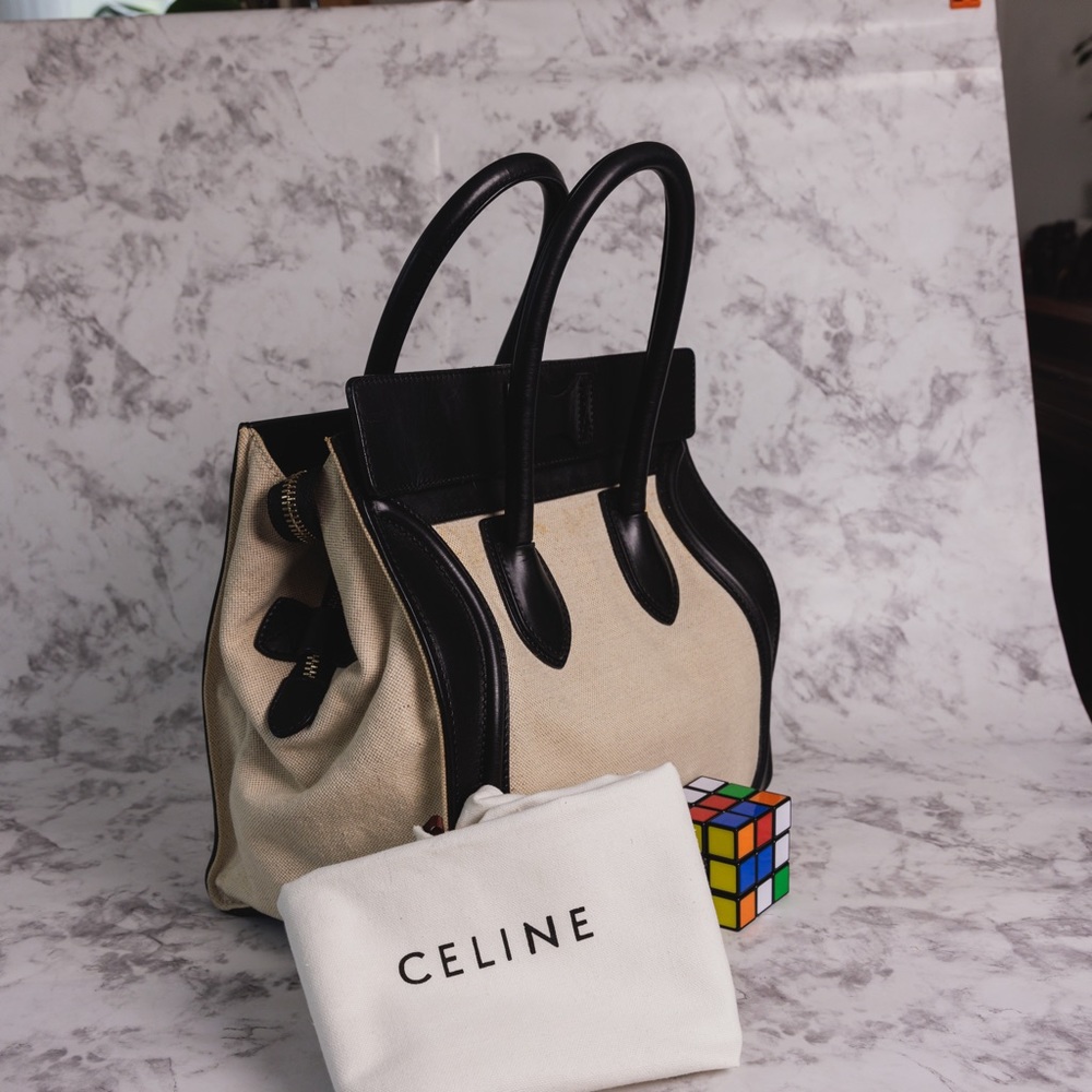 Celine Luggage Bicolor in Black Leather and Cream Canvas Medium - Picture 3 of 7